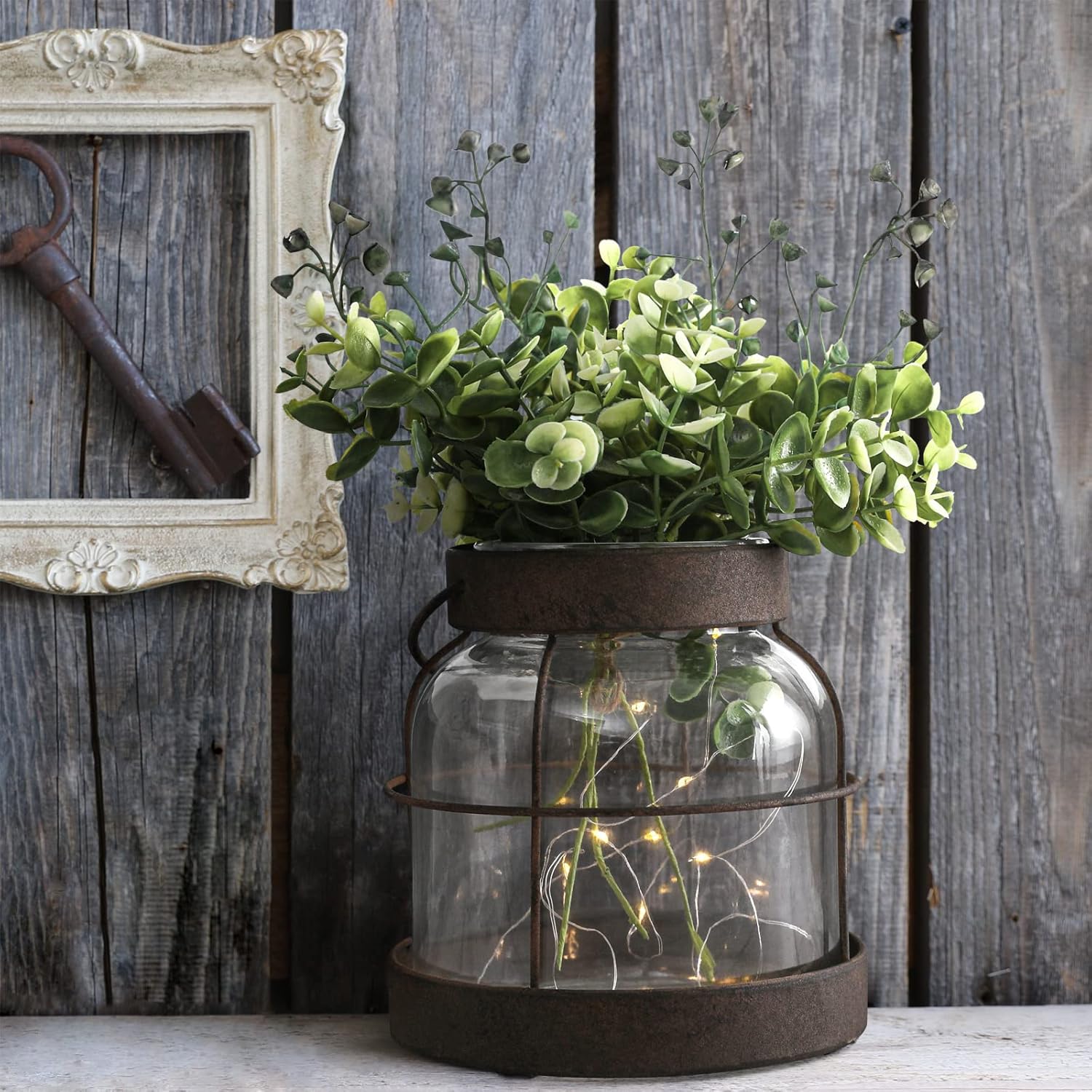 Vintage Glass Vase, Rustic Lantern Decor