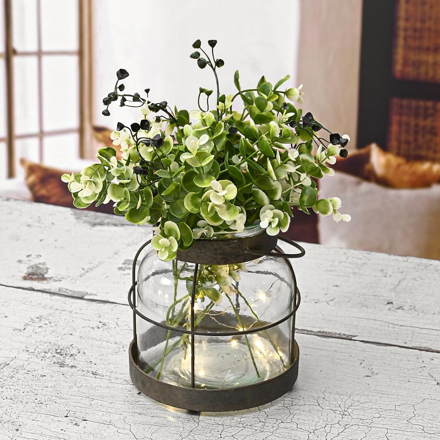 Vintage Glass Vase, Rustic Lantern Decor